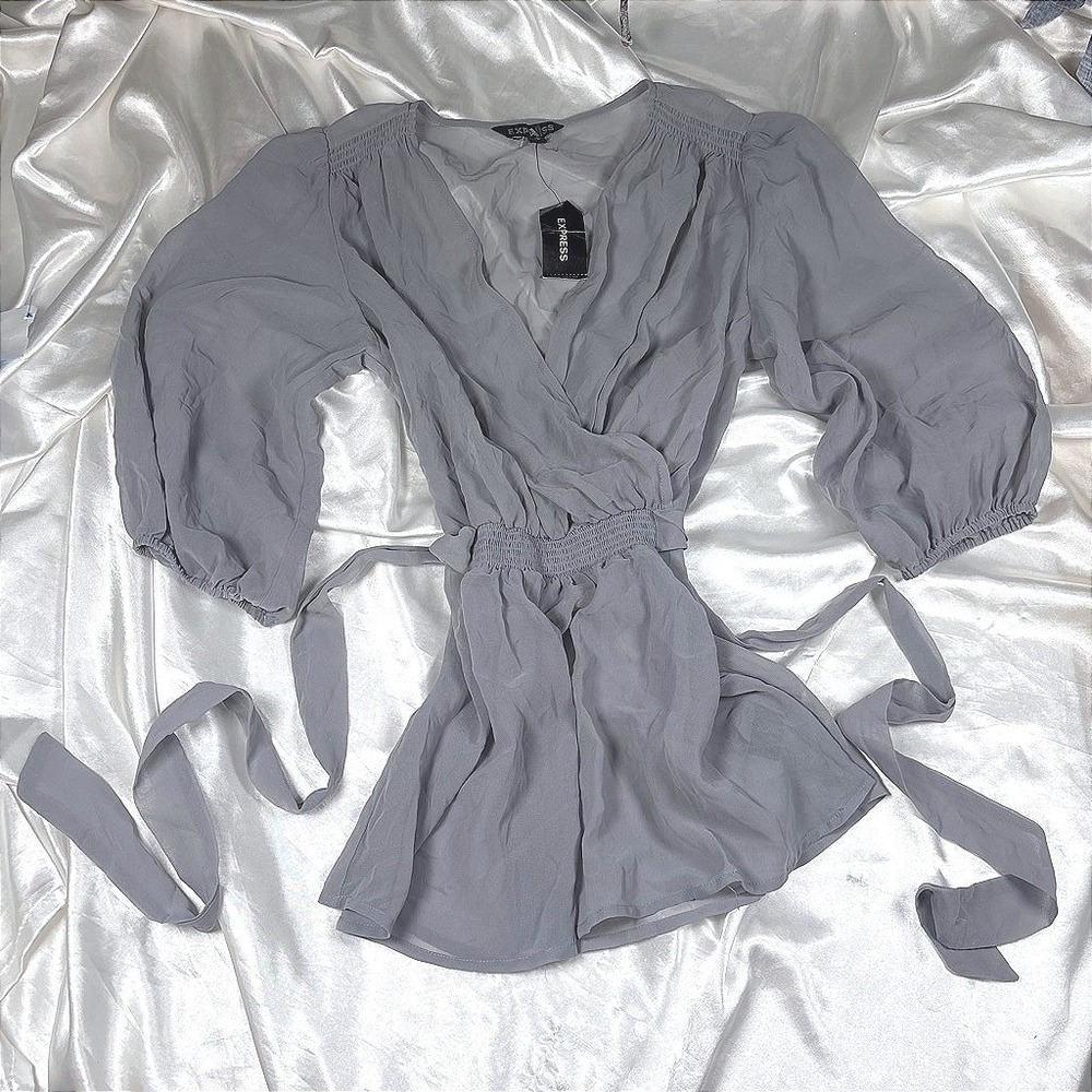 Vintage Romper Grey New Express Smocked Waist Wrap Front Balloon Sleeve S